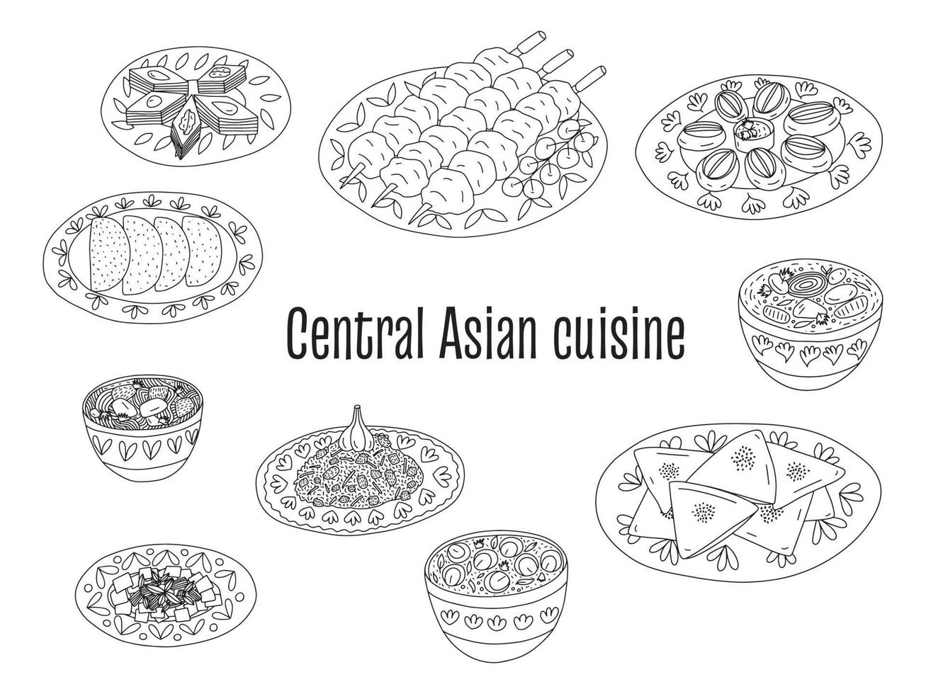 Central Asian food cuisine dishes vector set. Different kinds of  central Asian cuisine samsa, shorpa, shashlik, pilaf, lagman soup and beshbarmak.