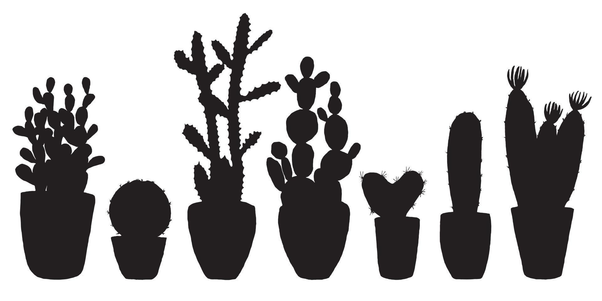 Vector illustration set different kinds of houseplants. Black cactuses silhouette in pots isolated on white background. Sticker hand drawn set.