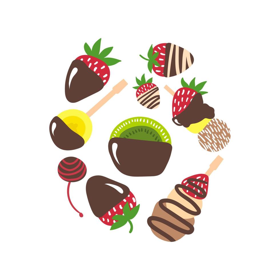 Vector desserts with chocolate set. Hand drawn fruits and berries in dark and white chocolate. Cookie, sweet, candy.
