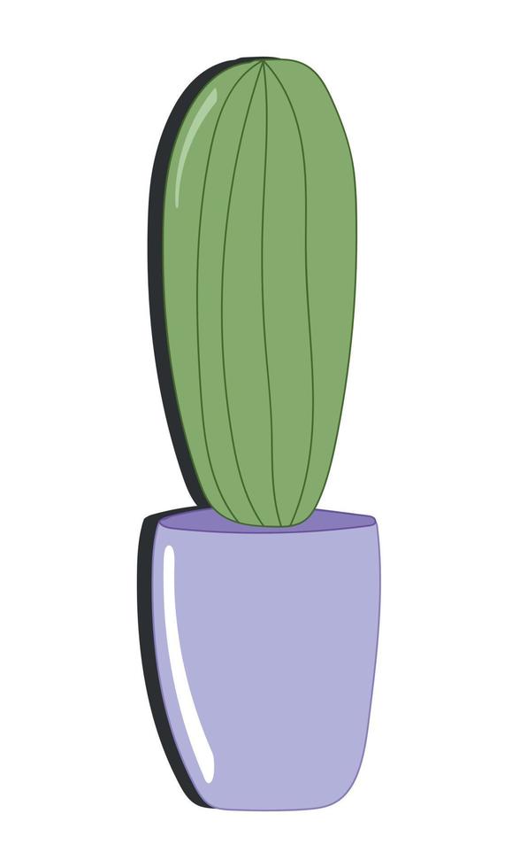 Vector doodle illustration. Green cactus in purple pot isolated on white background. Cartoon flat style. For decoration, stickers.