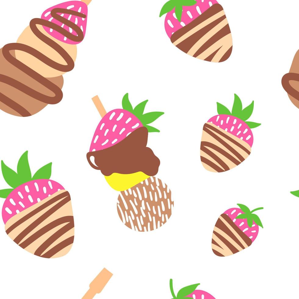 Tasty vector seamless pattern with different cookies. Sweet canapes, chocolate cookie, heart cookie, cherry in chocolate isolated. Vector seamless pattern with desserts.