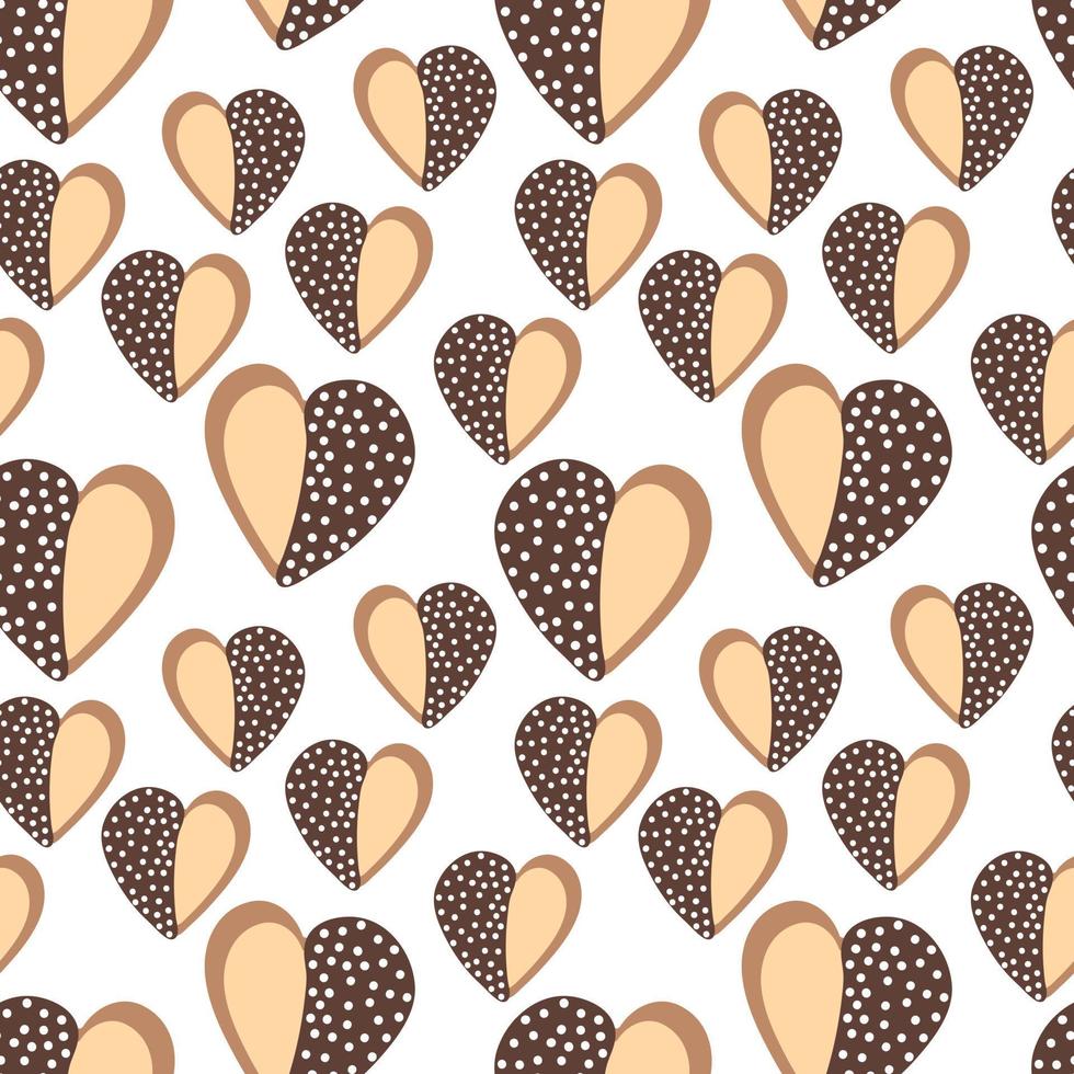 Heart cookie with white pearl. Vector seamless pattern with heart shaped cookie. Design for Valentine's Day, love cards, decor, wrapping paper.