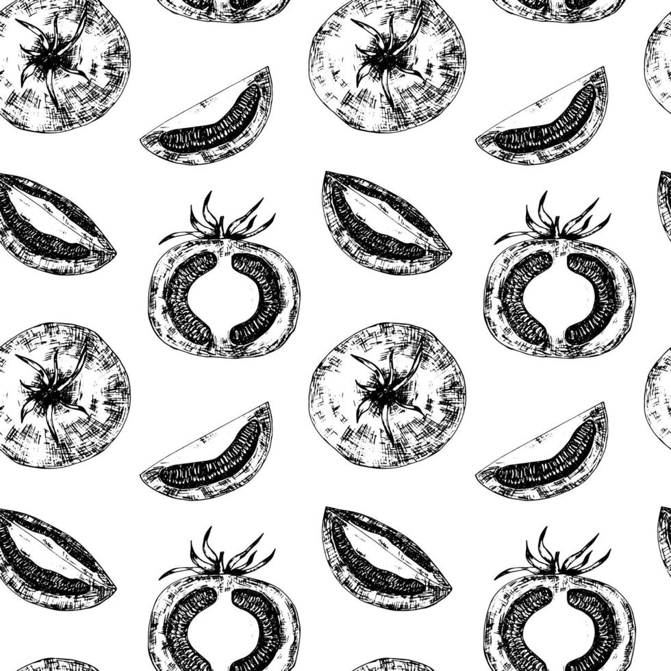 Tomatoes vector graphic seamless pattern. Black and white tomato pattern on white background.