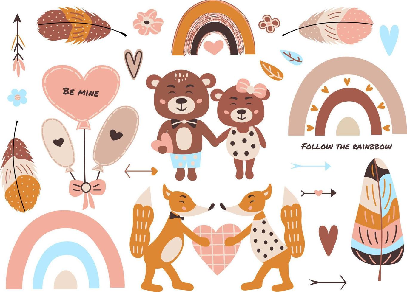 Boho set with feathers and rainbow vector
