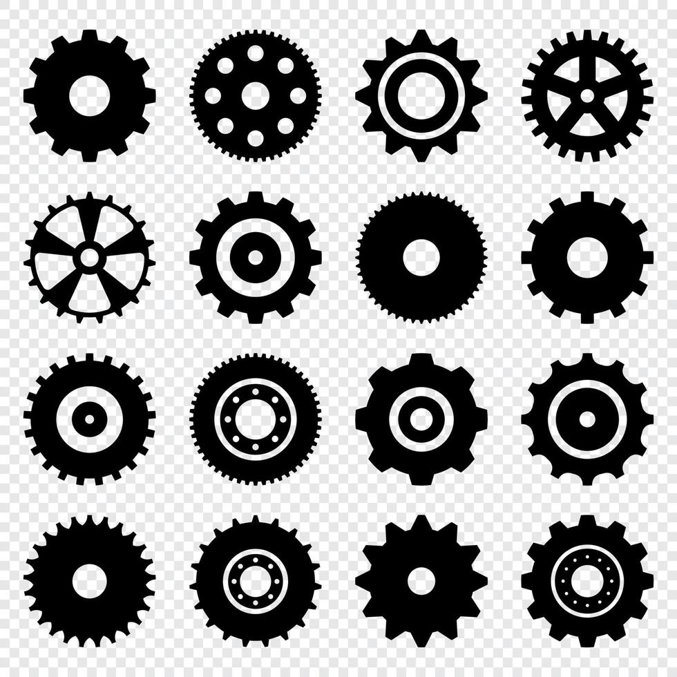 Gear setting vector icon set. Isolated black gears mechanism and cog wheel. Progress or construction concept. Simple Gear wheel collection. Vector illustration