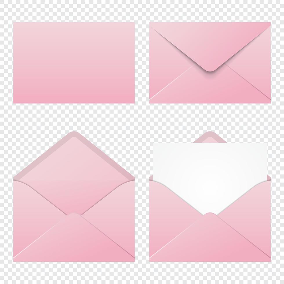 Set of realistic pink envelopes mockup. Realistic pink envelopes in different positions. Folded and unfolded envelope mockup. Vector illustration