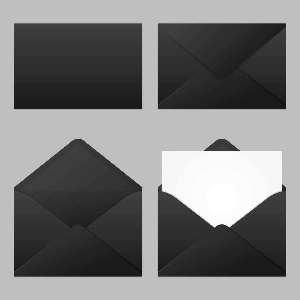 conjunto de maquetas de sobres negros realistas. sobres negros realistas en diferentes posiciones. maqueta de sobre doblado y desplegado. ilustración vectorial vector