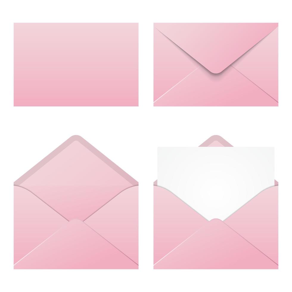 Set of realistic pink envelopes mockup. Realistic pink envelopes in different positions. Folded and unfolded envelope mockup. Vector illustration