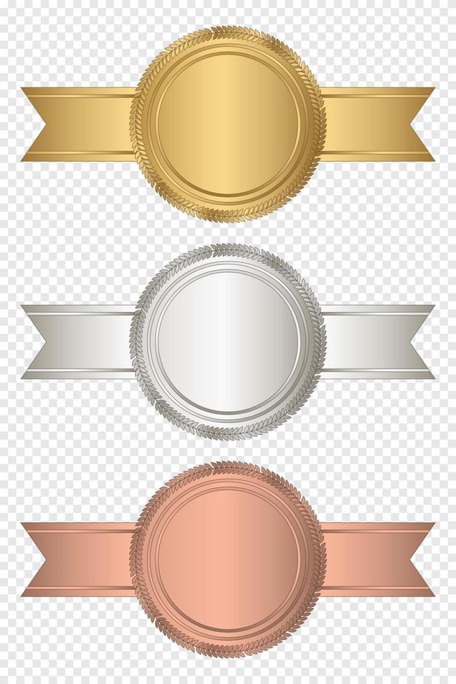 Gold, silver, and bronze stamp with horizontal ribbons. Luxury seal. Blank seal. Vector illustration