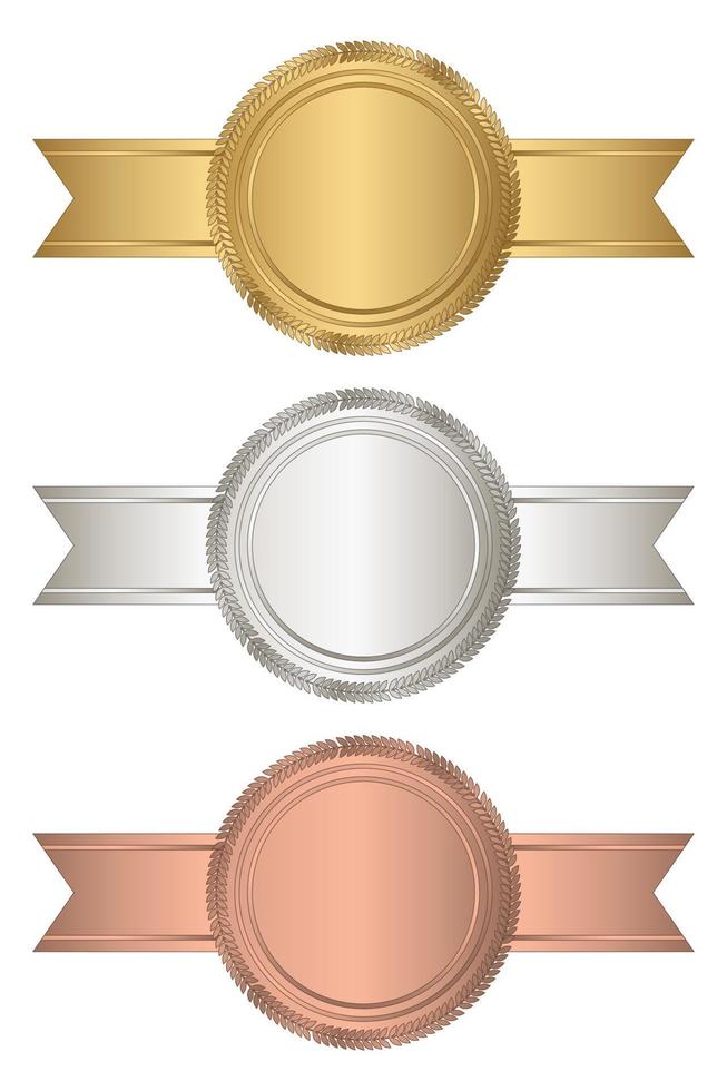 Gold, silver, and bronze stamp with horizontal ribbons. Luxury seal. Blank seal. Vector illustration