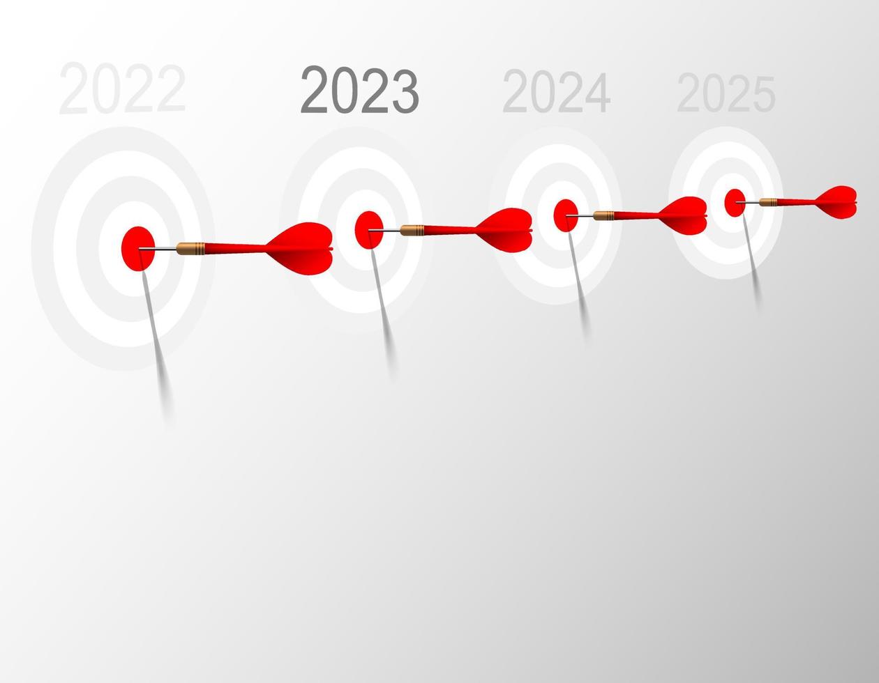 Four Red dart hit to center of dartboard with year number. Arrow on bullseye in target. Business success, investment goal, marketing challenge, strategy, purpose achievement, focus ideas concept. vector