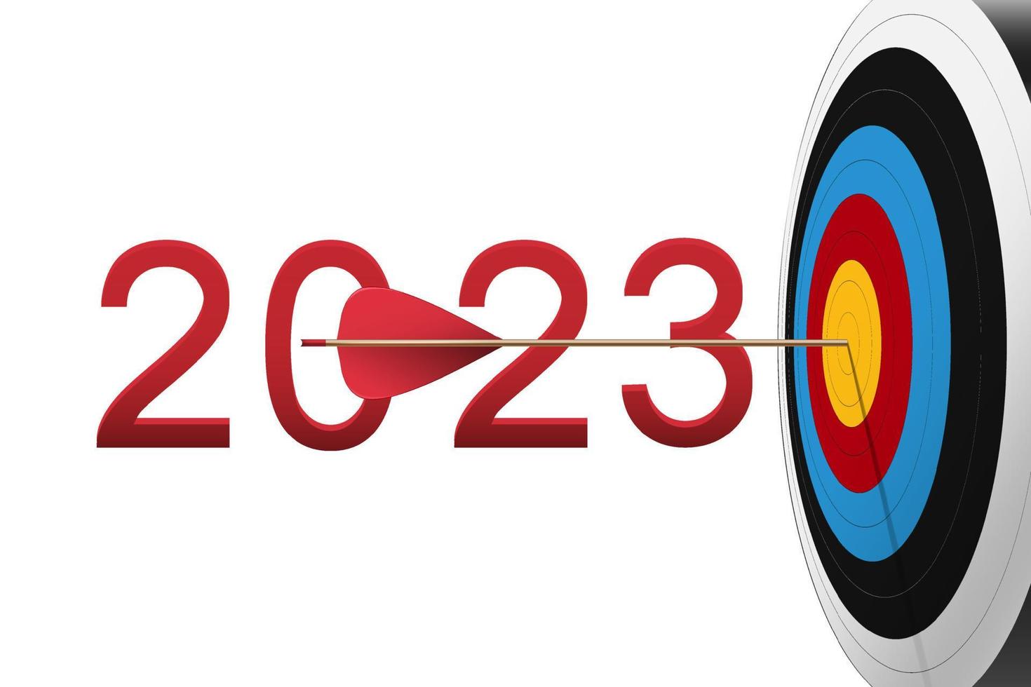 Red arrow hit to center of dartboard with 2023 number. Archery target and bullseye. Business success, investment goal, challenge, aim strategy, achievement focus concept. vector