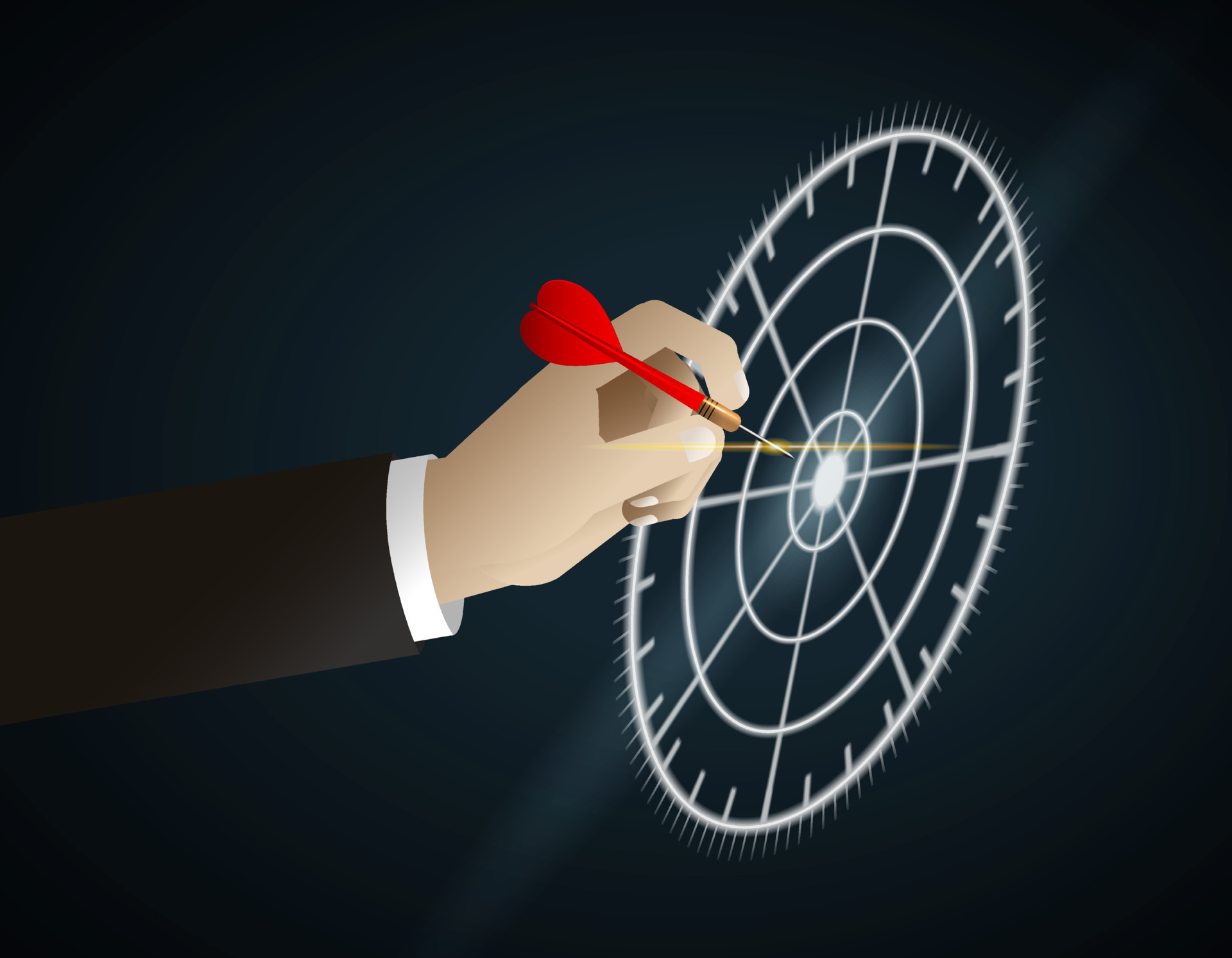 Businessman hand with red dart focus target to center of neon light dartboard in the dark scene