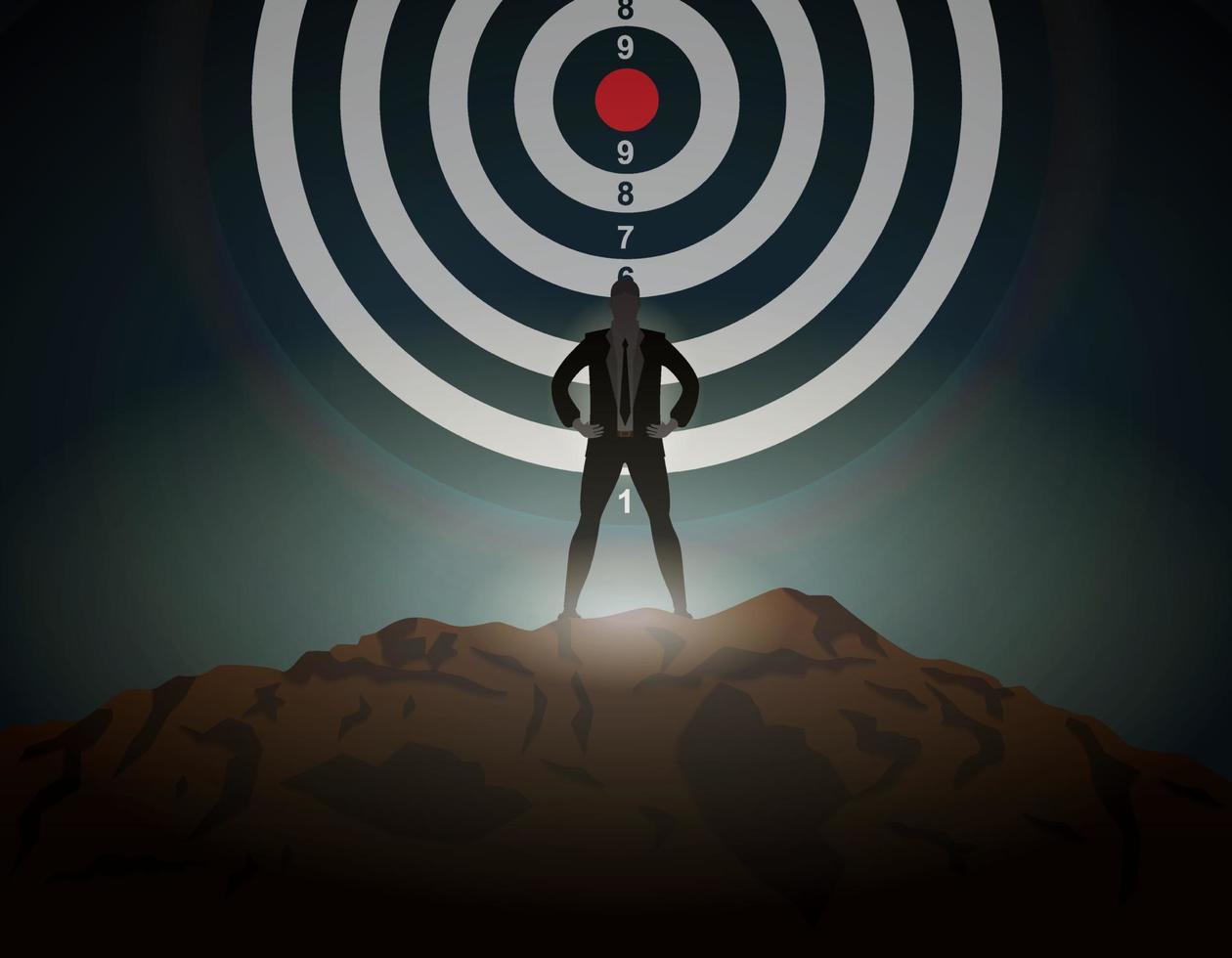 Businessman stand on peak mountain with target dartboard background in the dark scene. Business target, investment goal, management challenge, idea strategy, purpose achievement concept vector