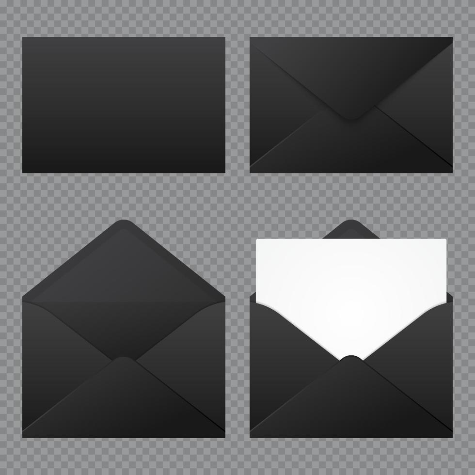 Set of realistic black envelopes mockup. Realistic black envelopes in different positions. Folded and unfolded envelope mockup. Vector illustration