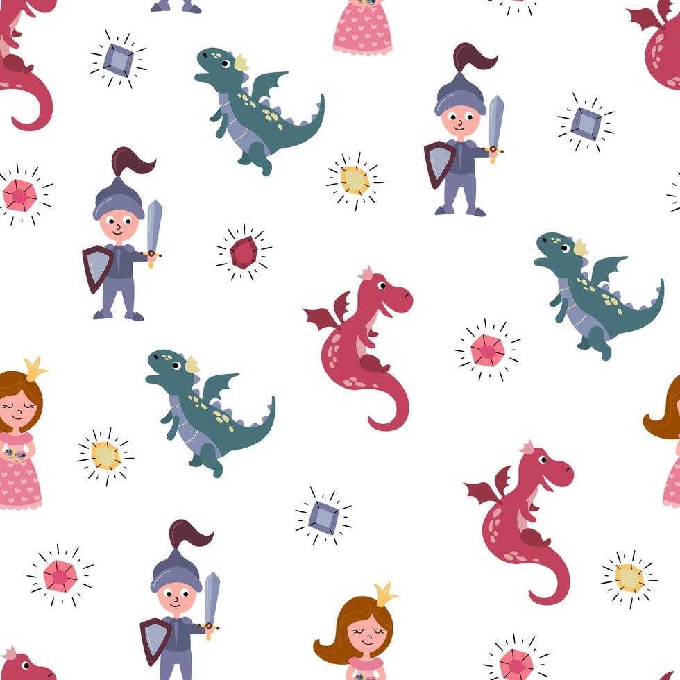 Seamless pattern with princess, knight and dragon. Design for fabric, textile, wallpaper, packaging. vector