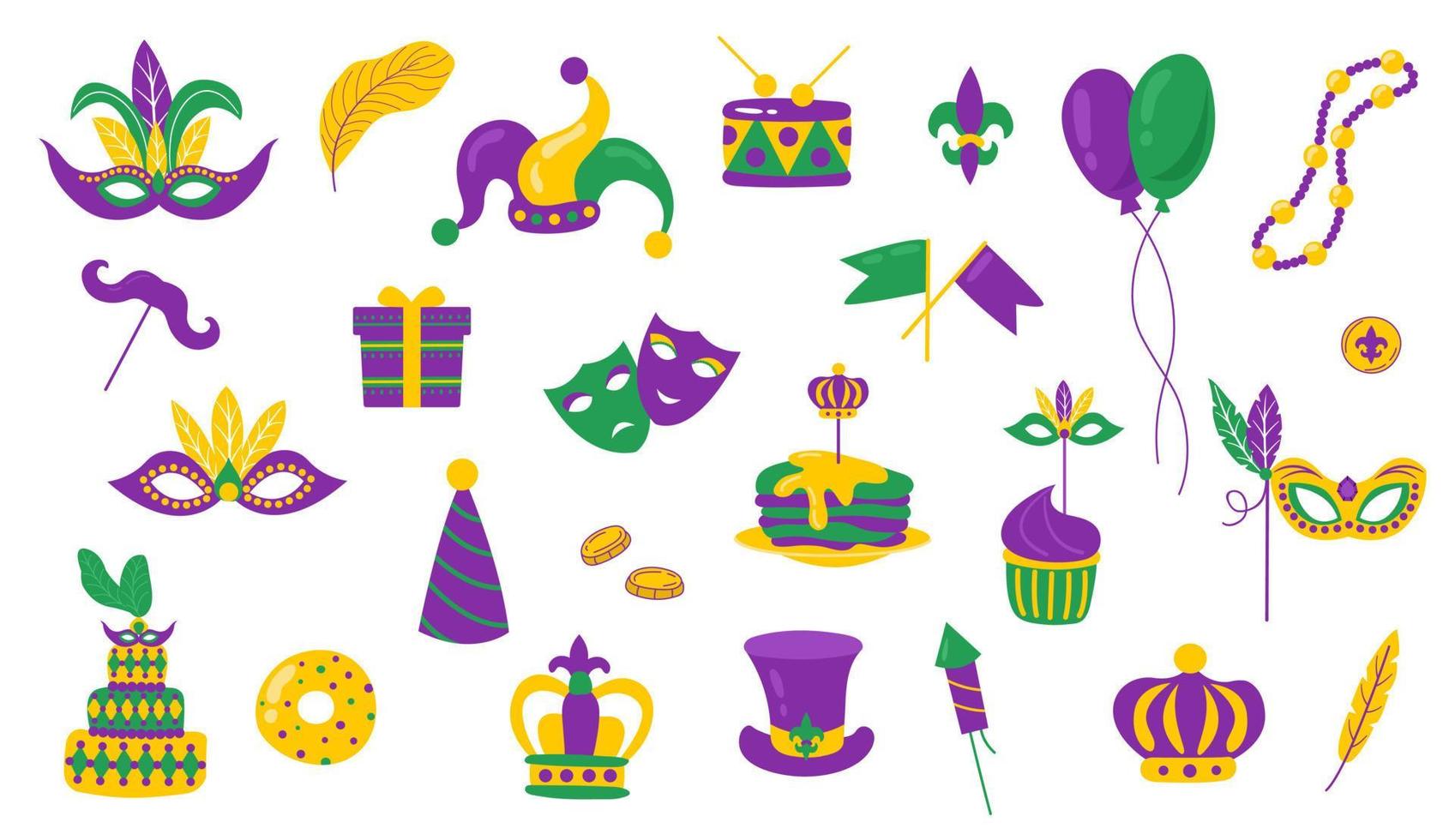 Mardi Gras carnival illustration set. Mardi Gras collection, feather mask, cake, pancakes, beads. White background, isolate. Vector illustration.