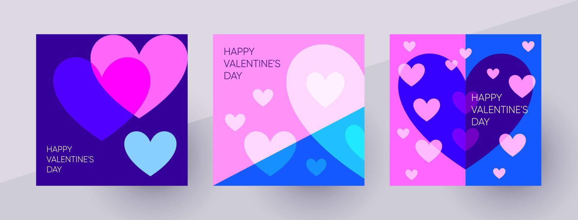 Happy Valentines Day post templates for social media. Colorful vivid vector illustration with hearts symbols.