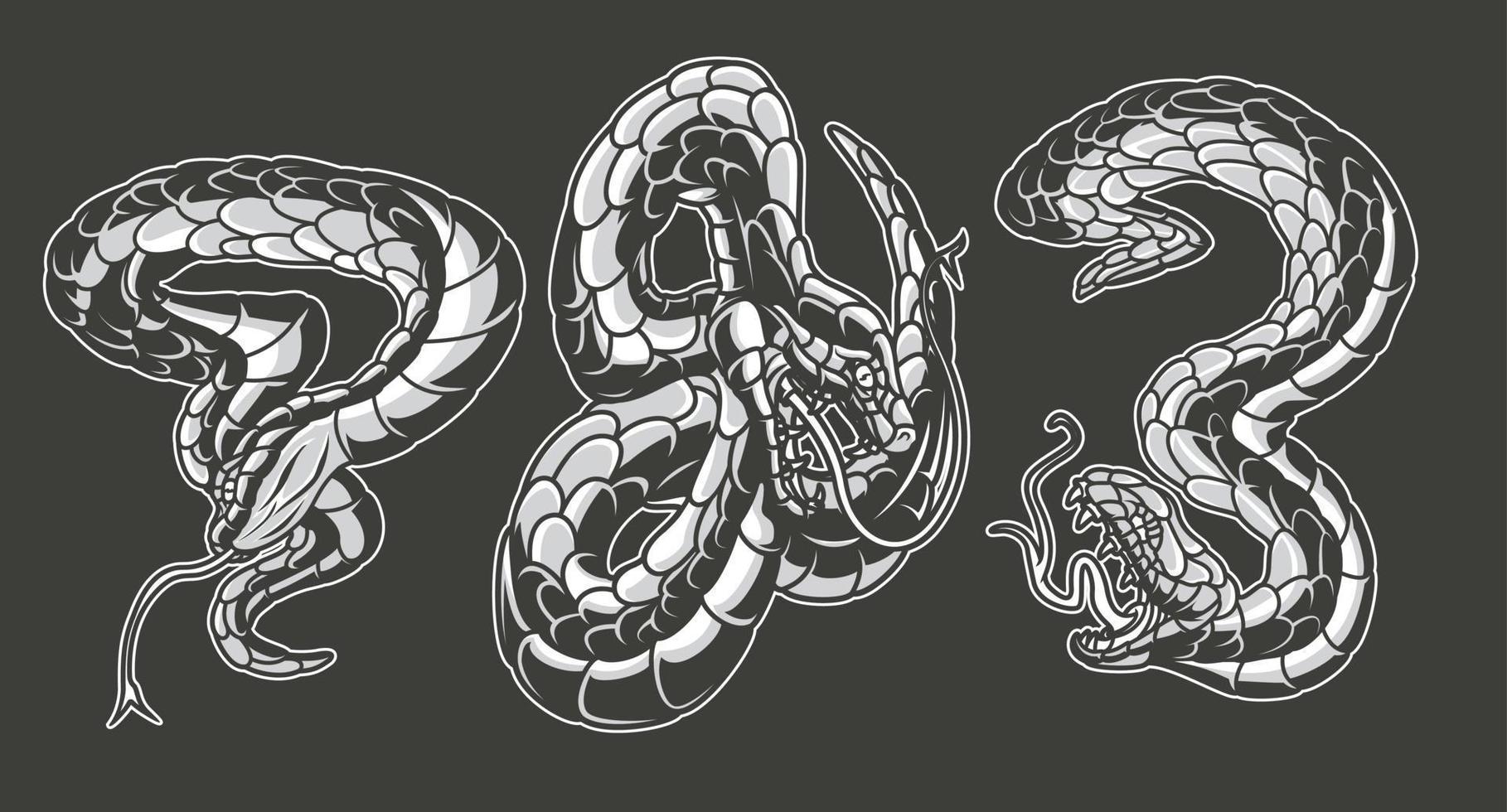 Black and white vector illustrations of snakes