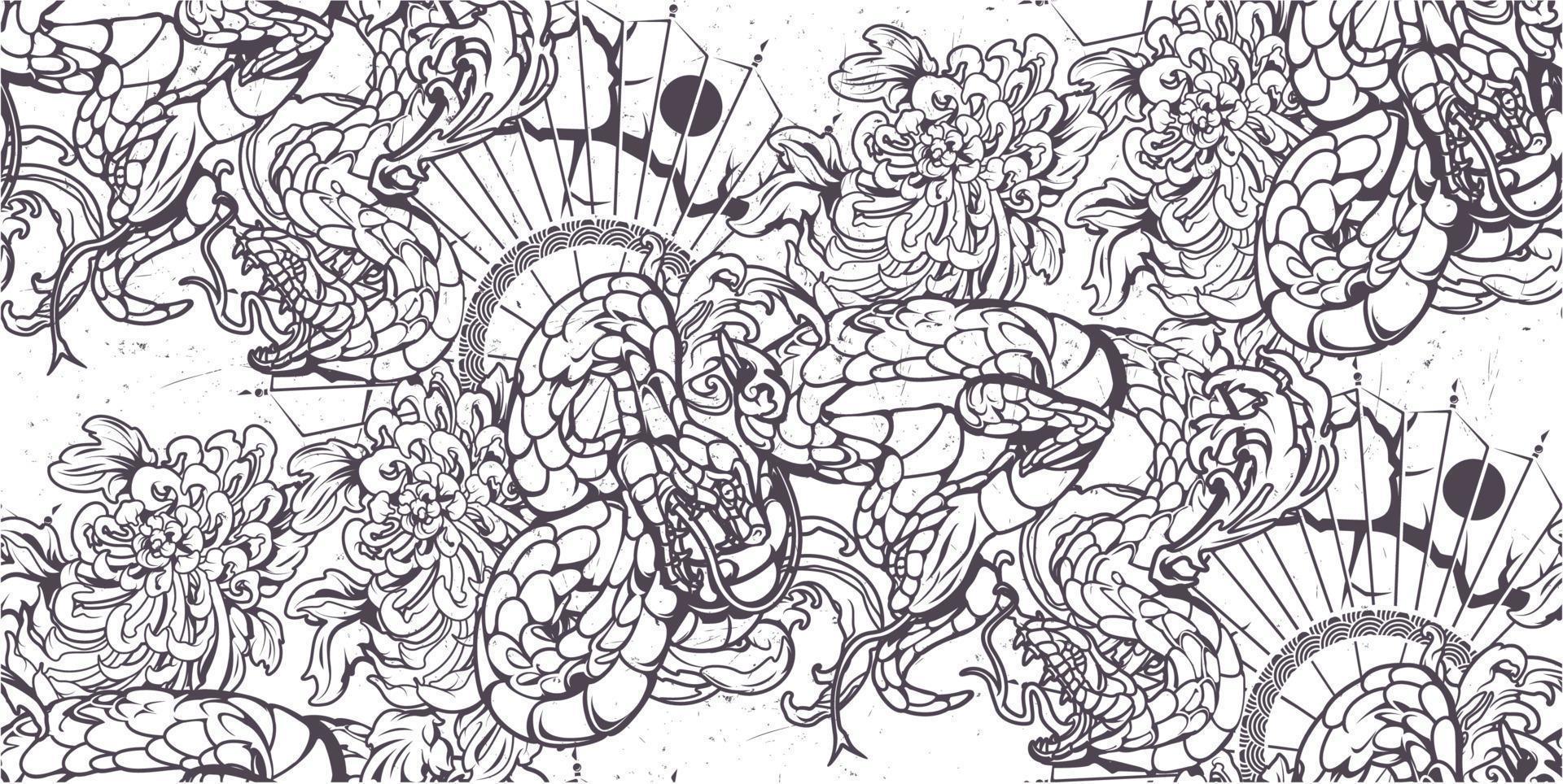 Monochrome seamless pattern with snakes, Japanese chrysanthemums vector