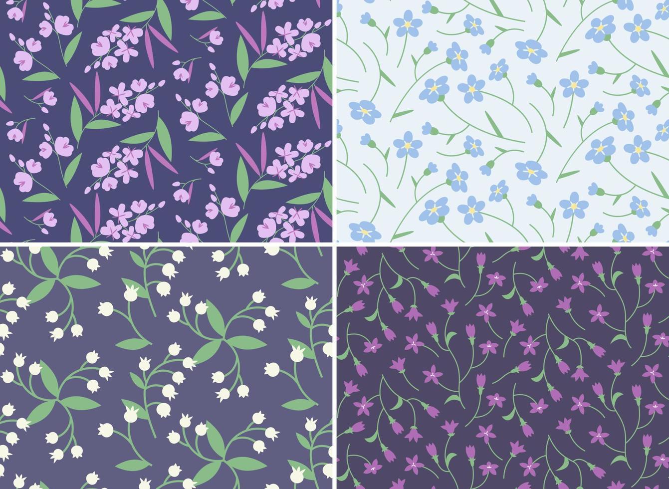 Collection of seamless patterns with wildflowers. Beautiful nature textures in flat style. vector