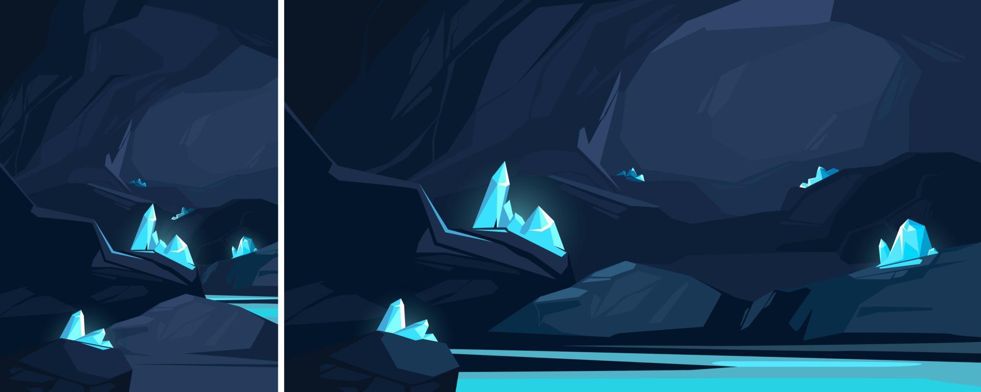 Cave with blue crystals. Underground location in different formats. vector