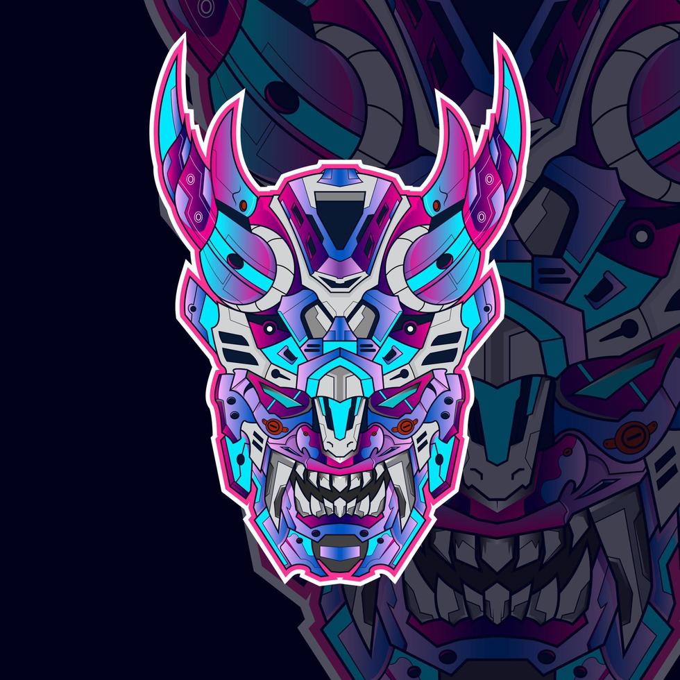 mecha Cyberpunk japanese oni mask vector stock illustration with face in Isolated background head robot mascot. esport logo design