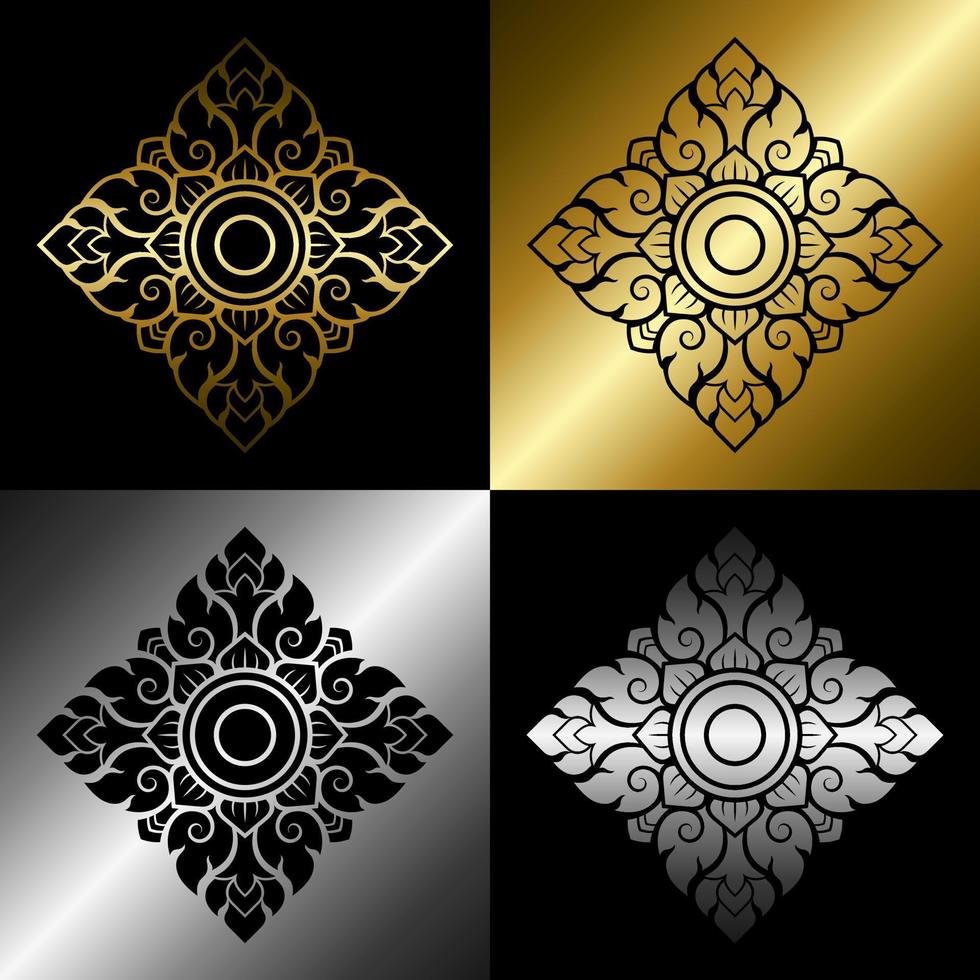 Traditional Thai art pattern set. Prajam Yam. Solid black and line art decorative design elements. Gradient gold and silver. Vector illustration.