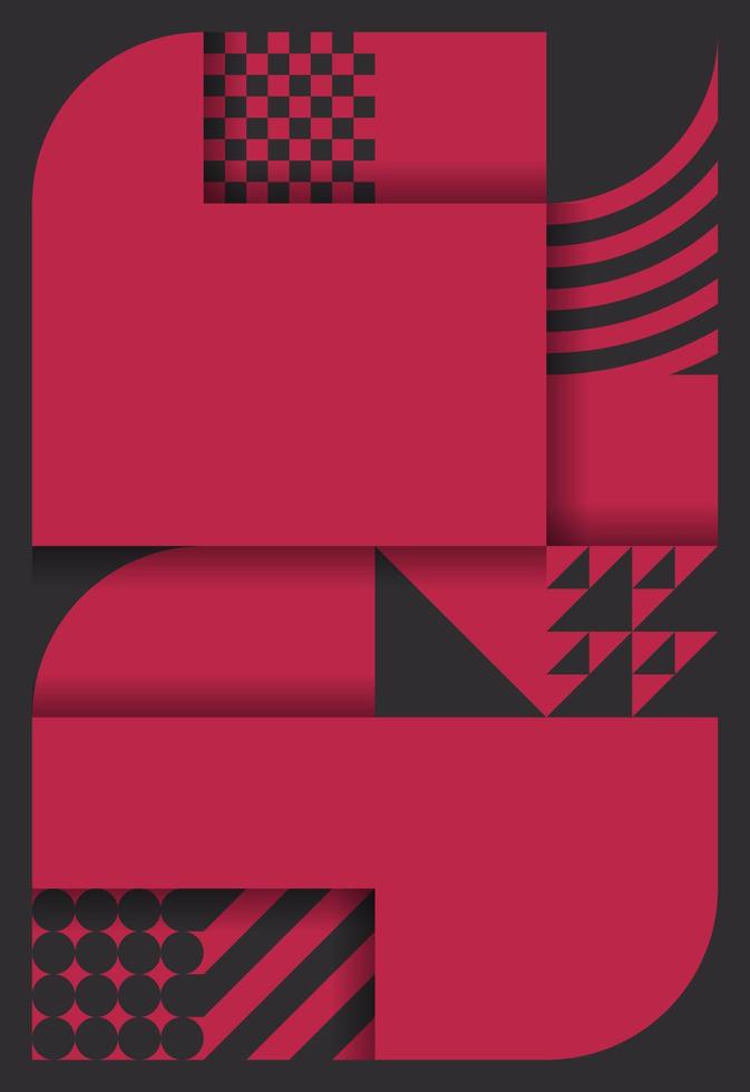 Bauhaus style geometric pattern background. Trend color of the year 2023 viva magenta and black. Design texture elements for banners, covers, posters, backdrops, walls. Vector illustration.