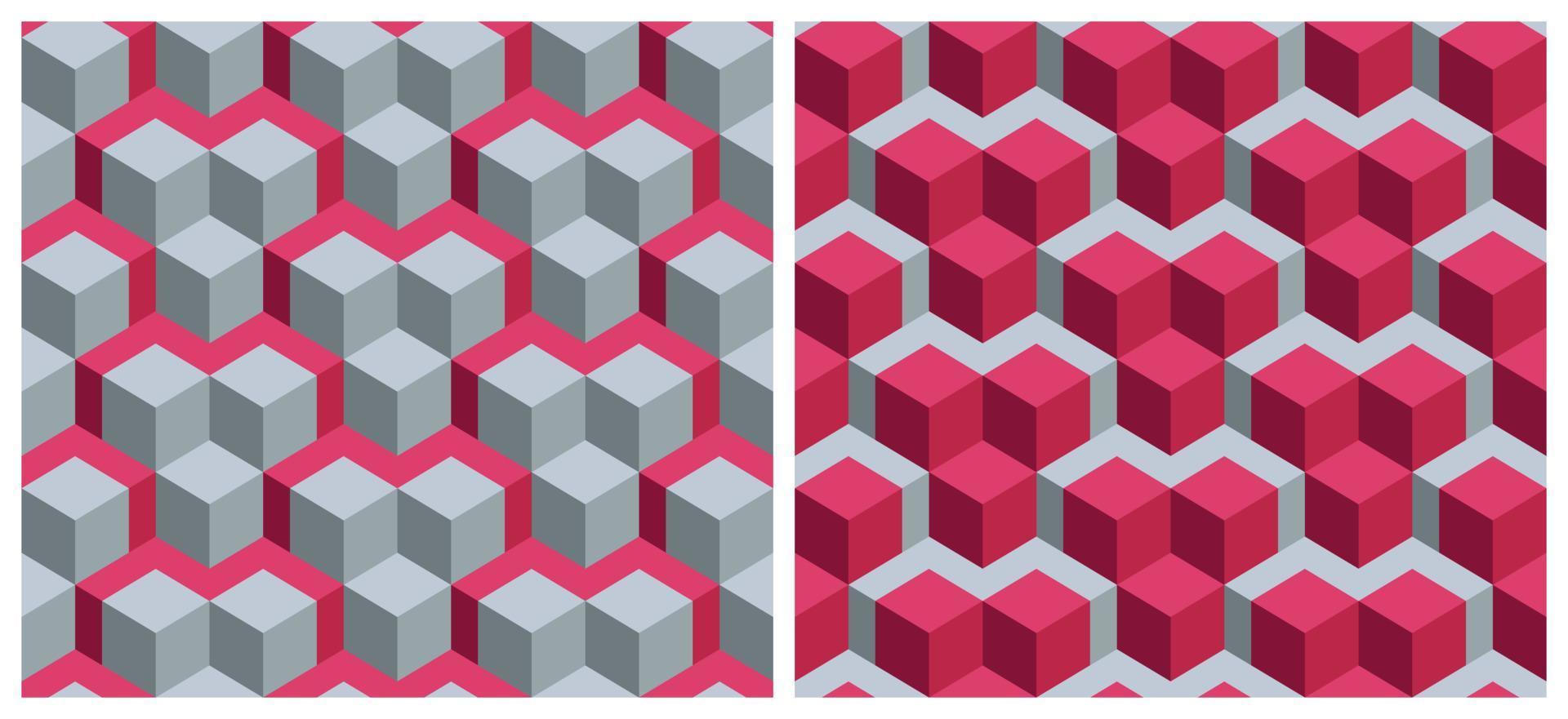 Seamless 3D cube geometric pattern background. Trend color of the year 2023 Viva Magenta. Design texture elements for fabric, tile, banner, cover, poster, backdrop, wall. Vector illustration.