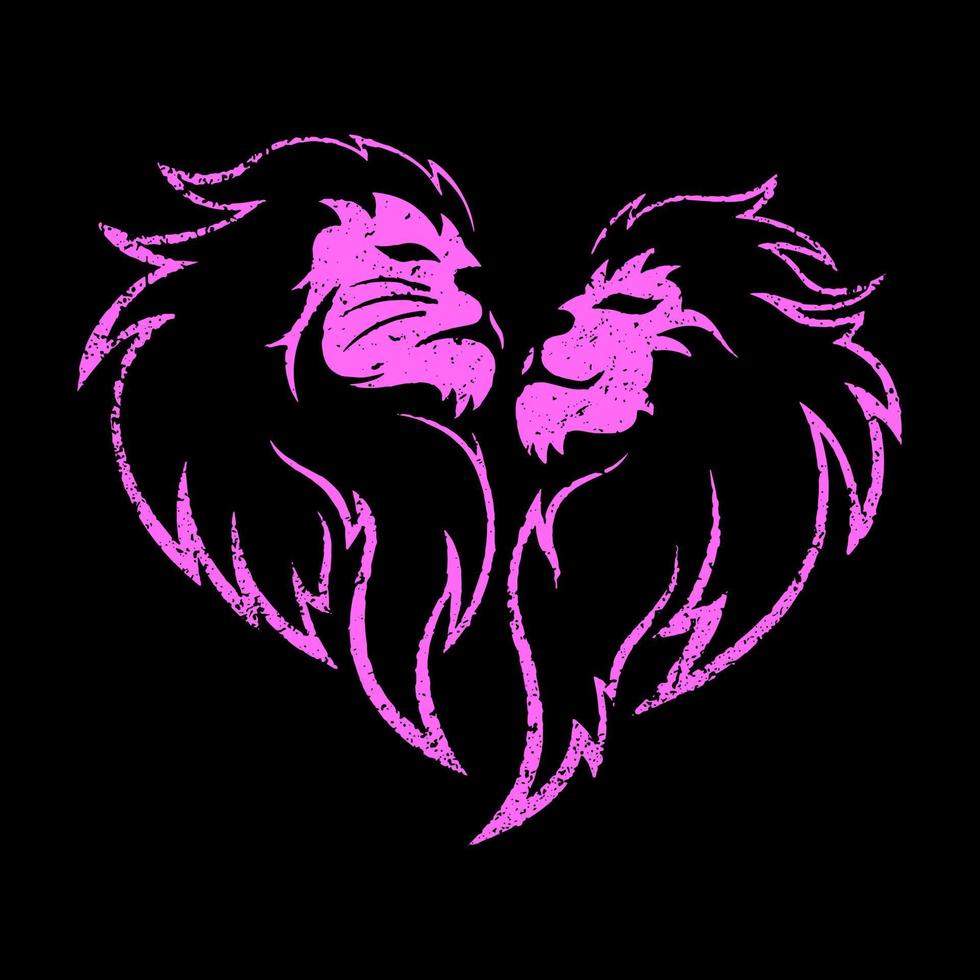 Pink lover lion pattern rubber stamp in heart shape. Grunge silhouette of the king and queen of lions. Design for a emblem, badge, logo or icon. Vector illustration.