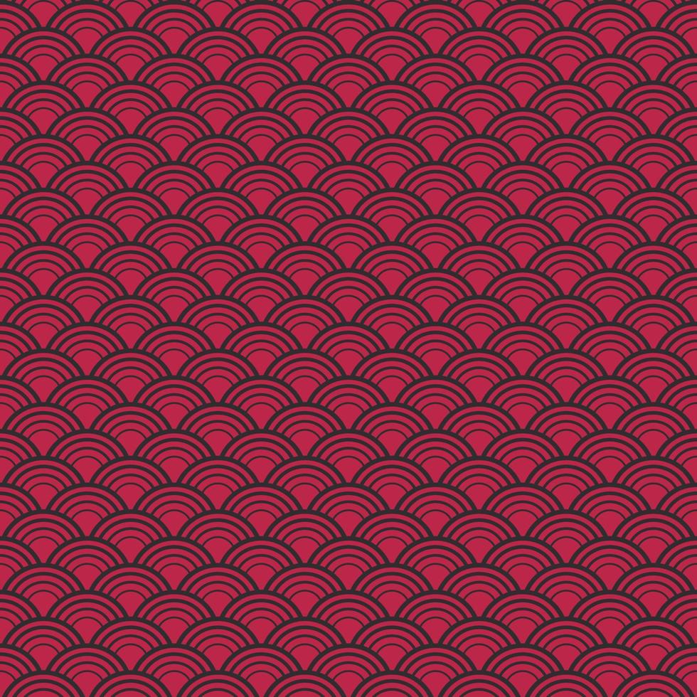 Red and black fish scales pattern. Seamless background. Trend color of the year 2023 Viva Magenta. Design texture elements for banners, covers, posters, backdrops, walls. Vector illustration.