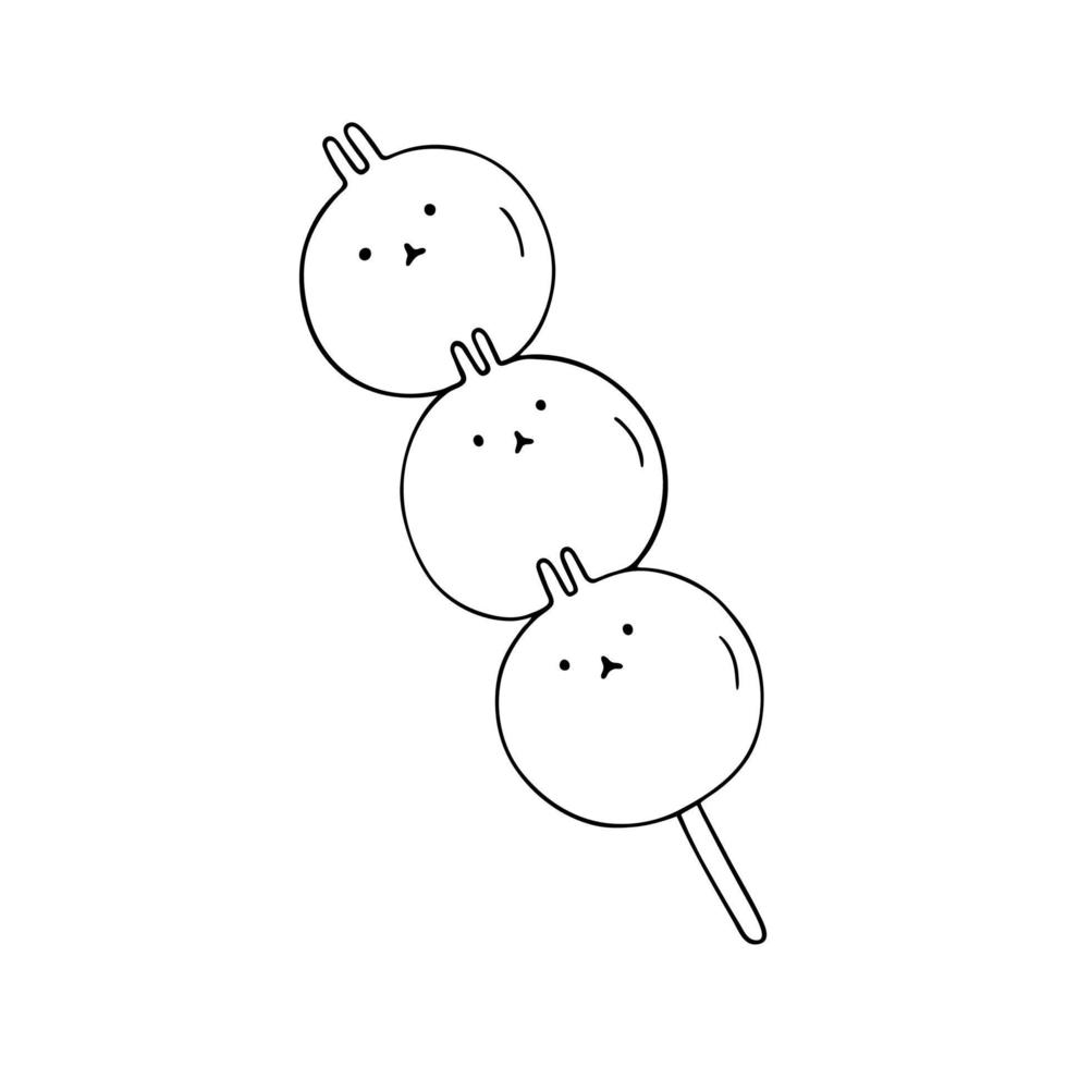 postre japonés conejito dango ilustración dibujada a mano. diseño sencillo en blanco y negro vector