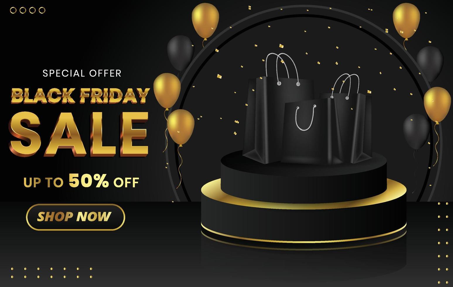 Black friday sale banner template design with podium, shopping bag, realistic balloon vector