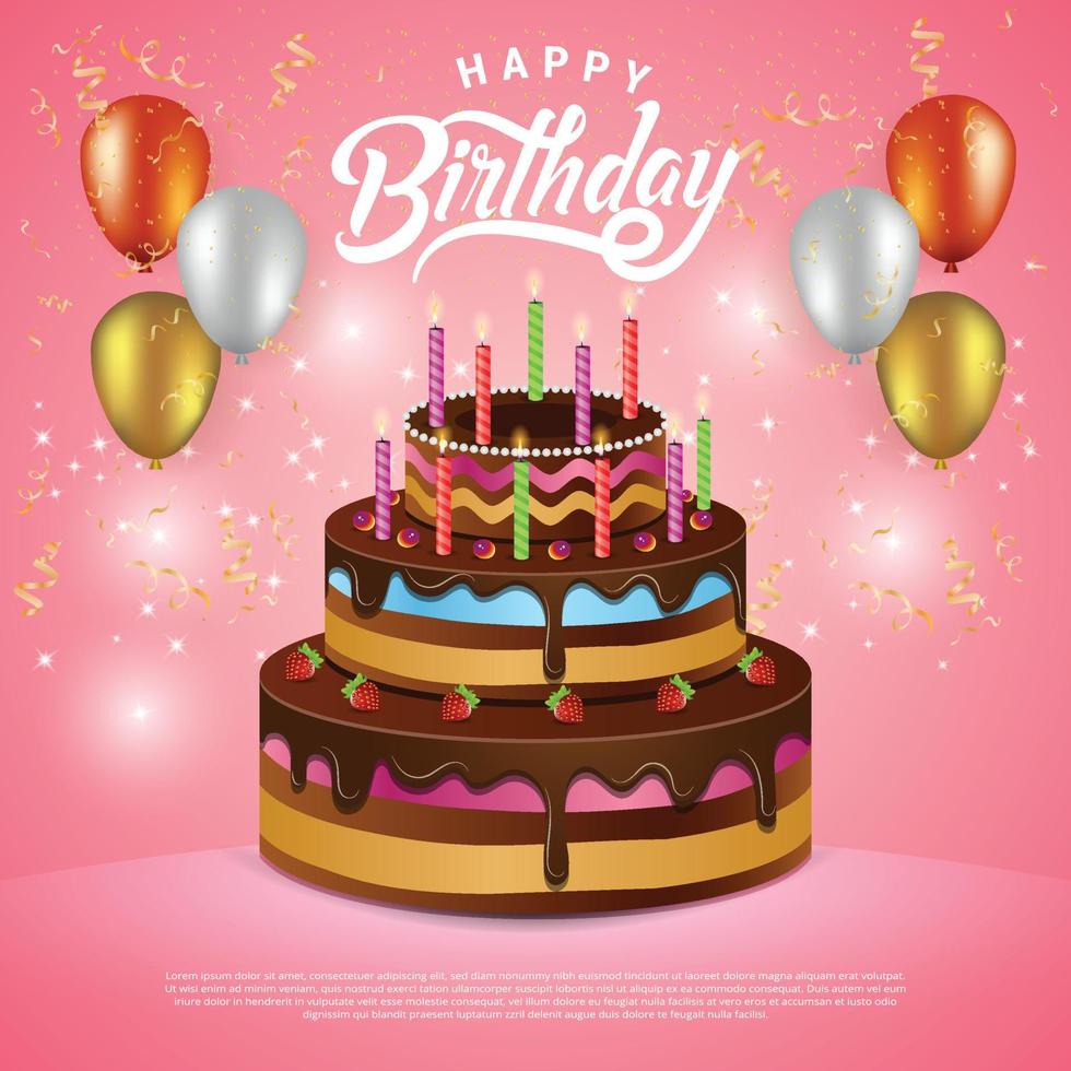 Happy birthday greeting card vector with realistic cake balloons and glitter background