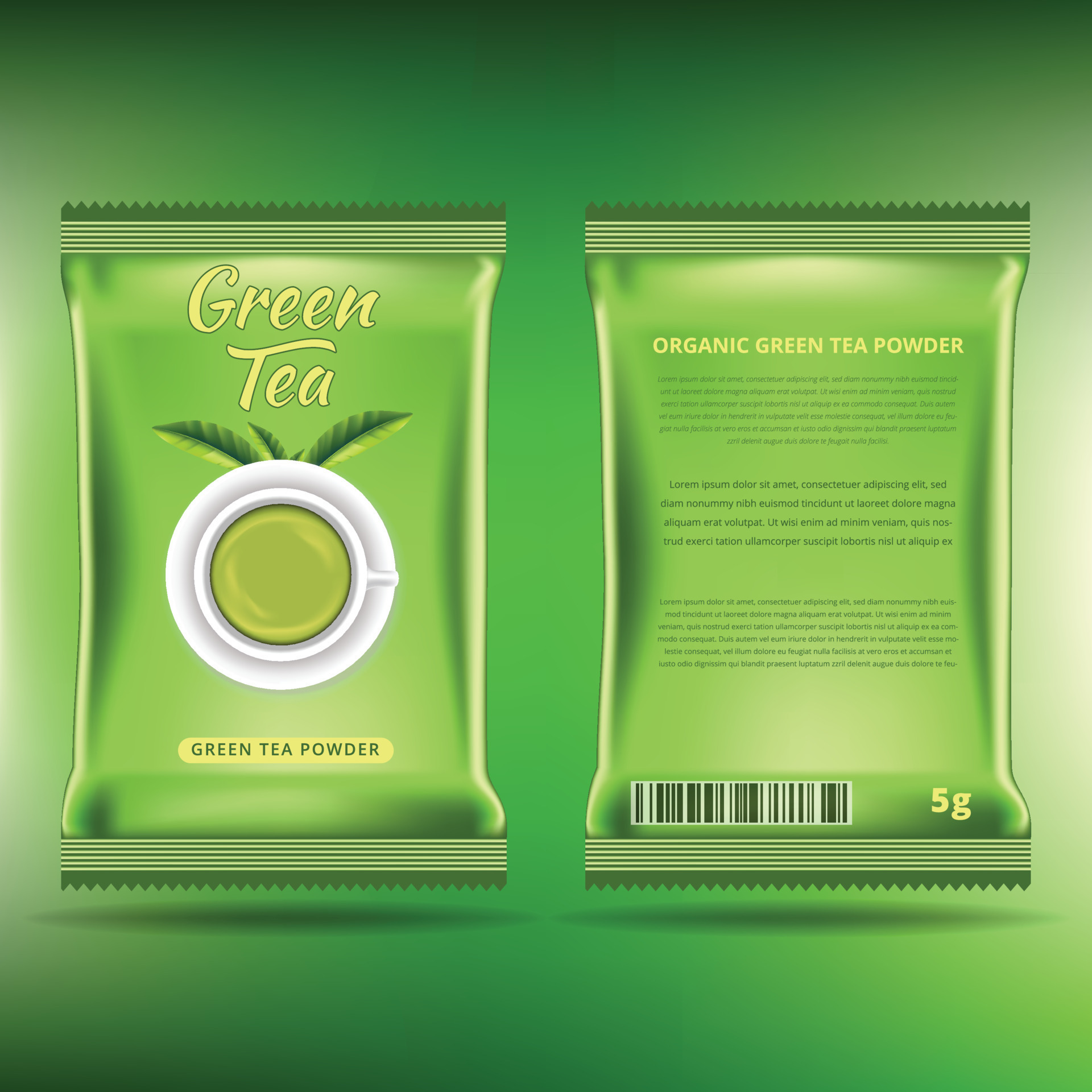 Green tea package design template. Realistic green tea powder pack bag