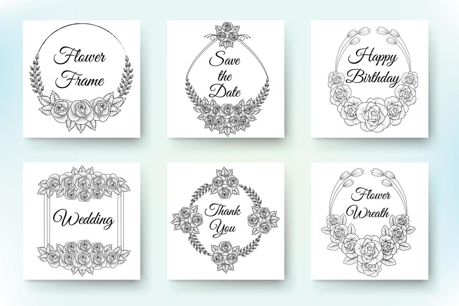Design for invitation wedding or greeting cards of beautiful vector wreath and flowers set.
