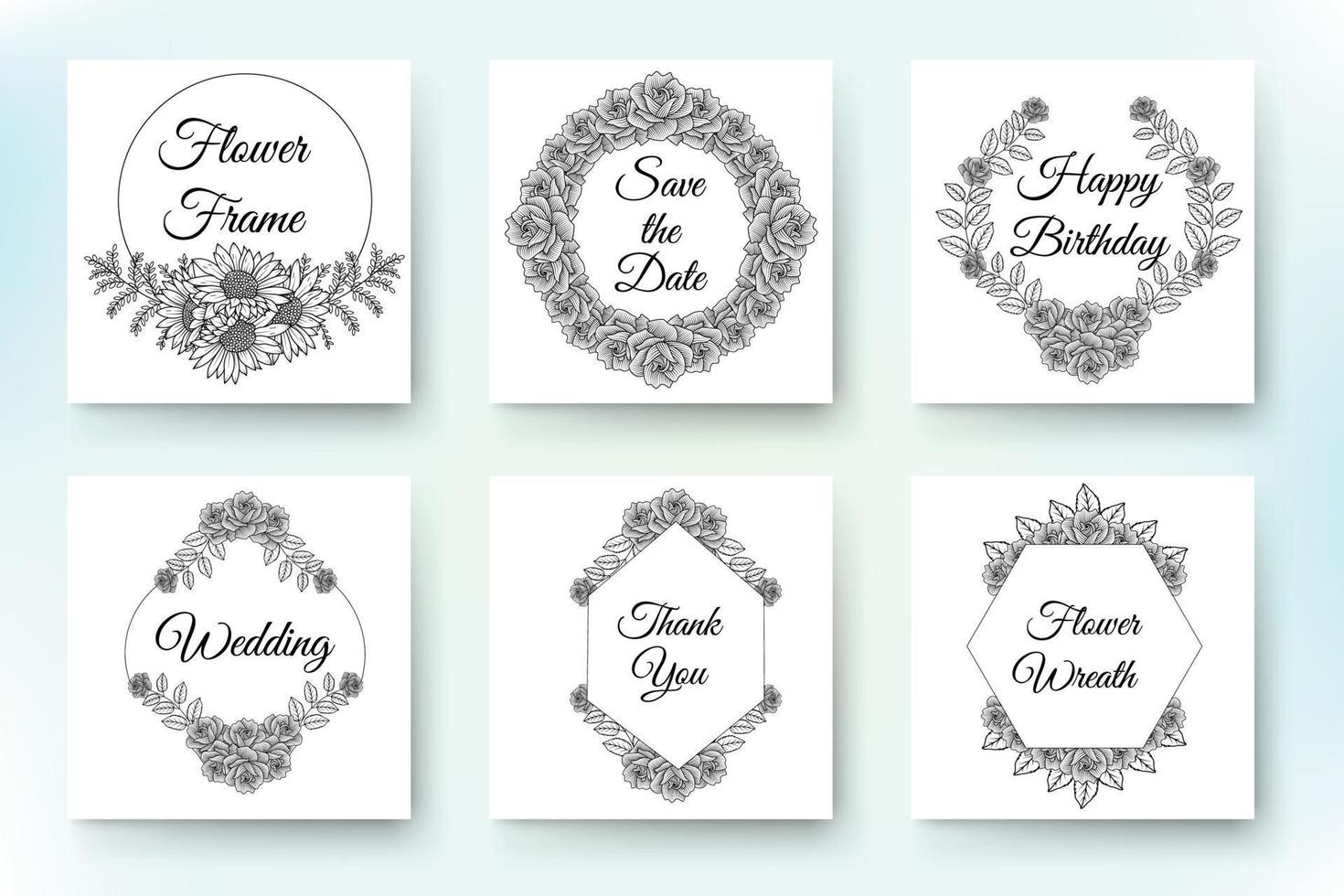 Design for invitation wedding or greeting cards of beautiful vector wreath and flowers set.