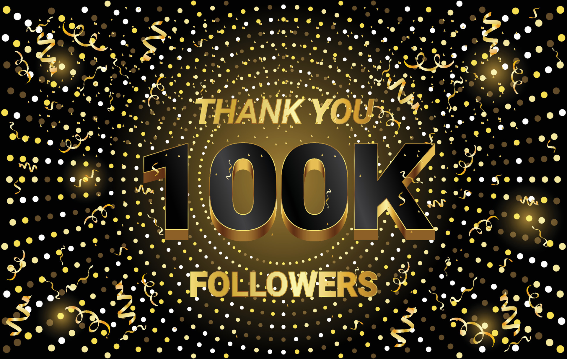 100k followers vector art with black gold text effect on glitter