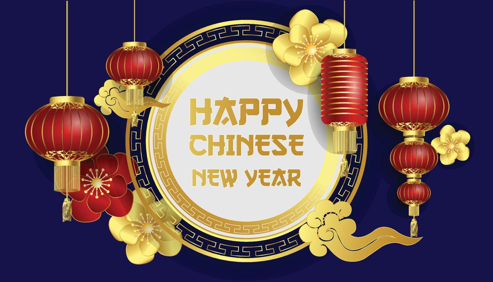 Happy chinese new year greetings vector with traditional lantern and flower