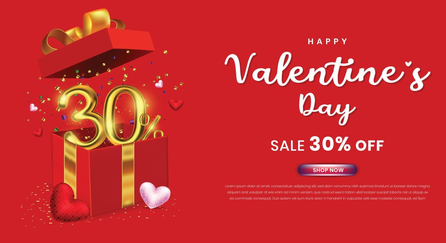 Valentines day sale 30 percent off promotion or shopping template with gift box and 3d number vector