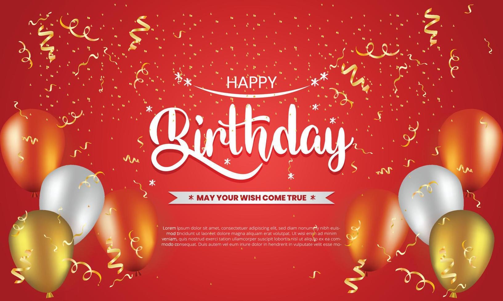 Happy birthday greetings card with balloons, typography and red glitter background vector