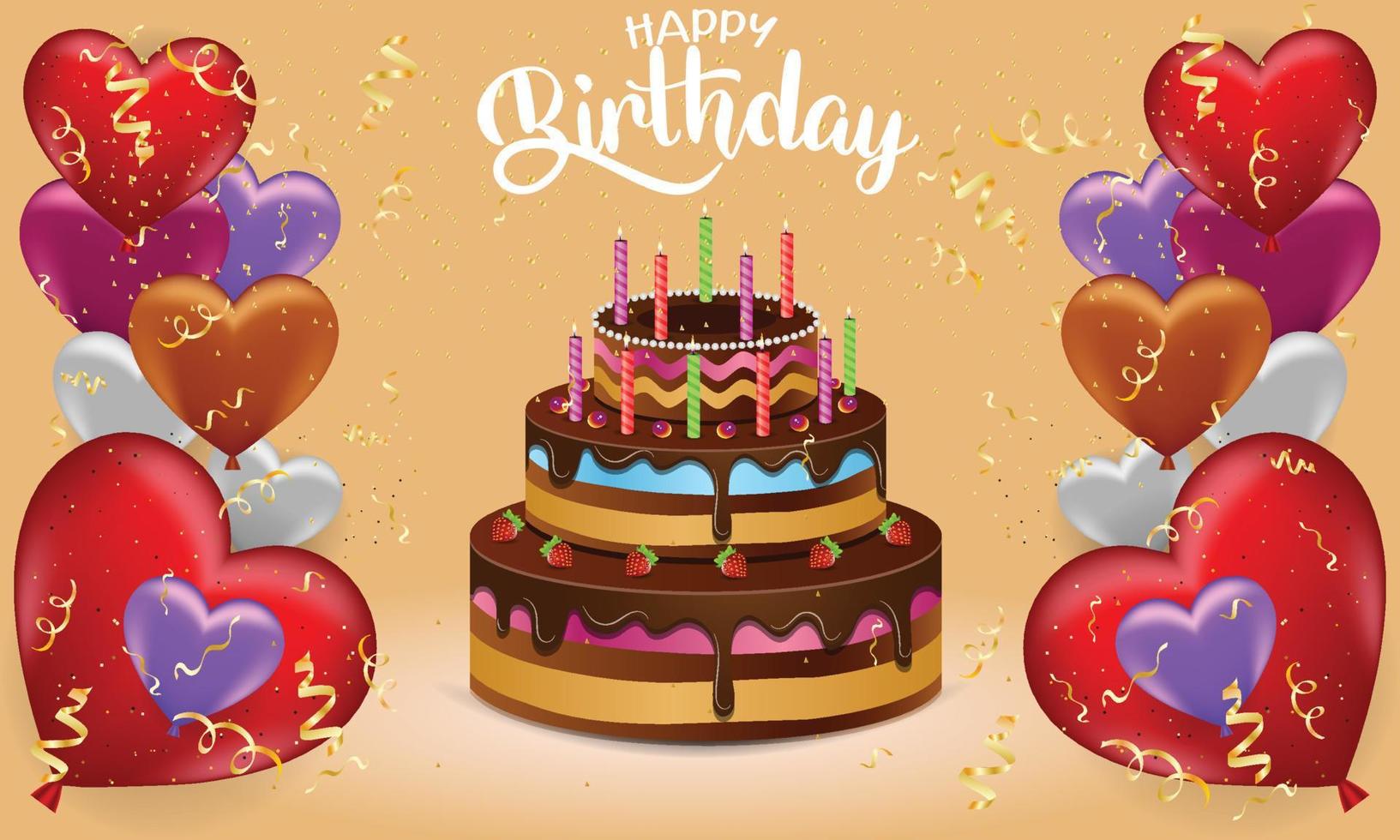 Happy birthday greeting card vector with realistic cake and love balloons