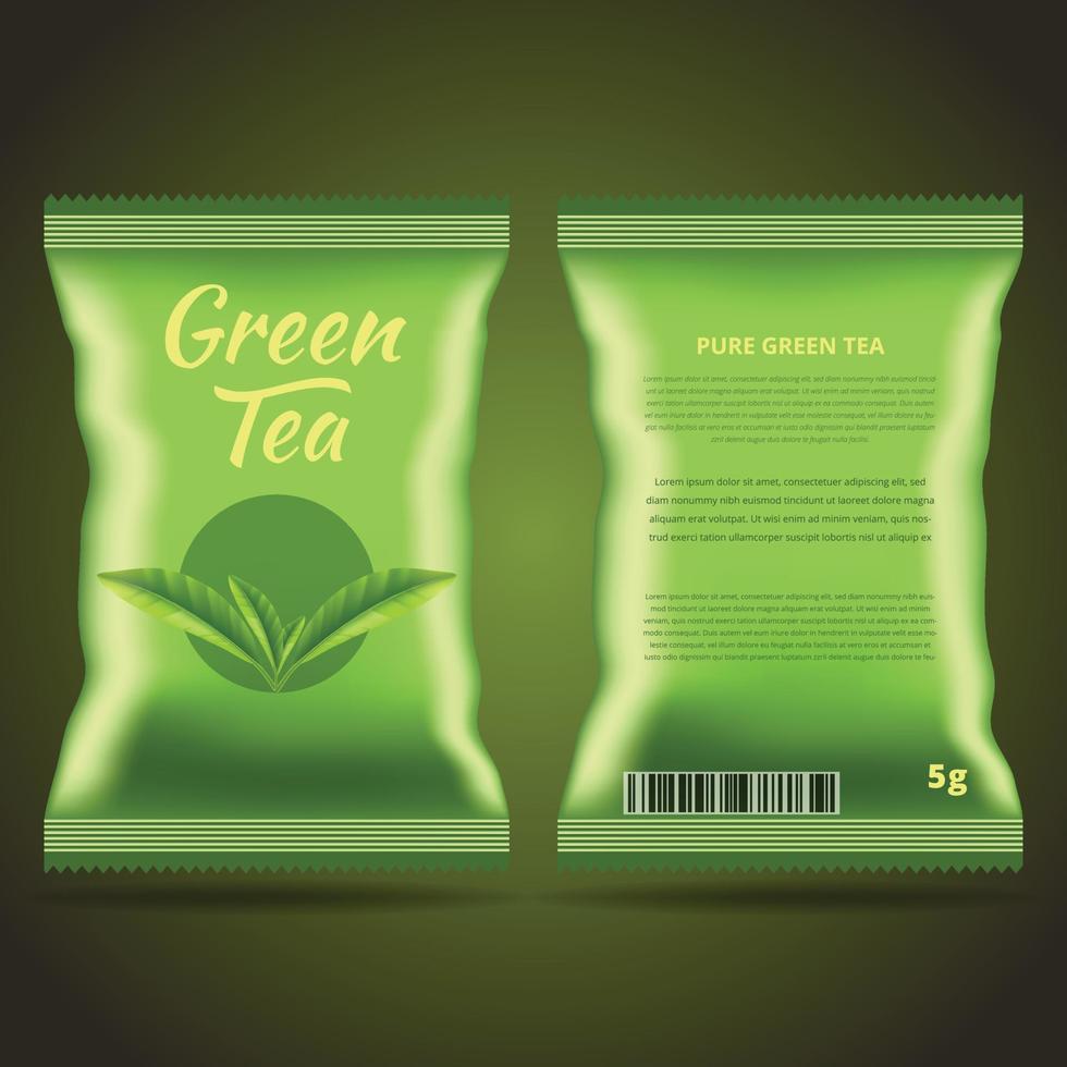 Green tea package design template. Realistic tea pack bag vector