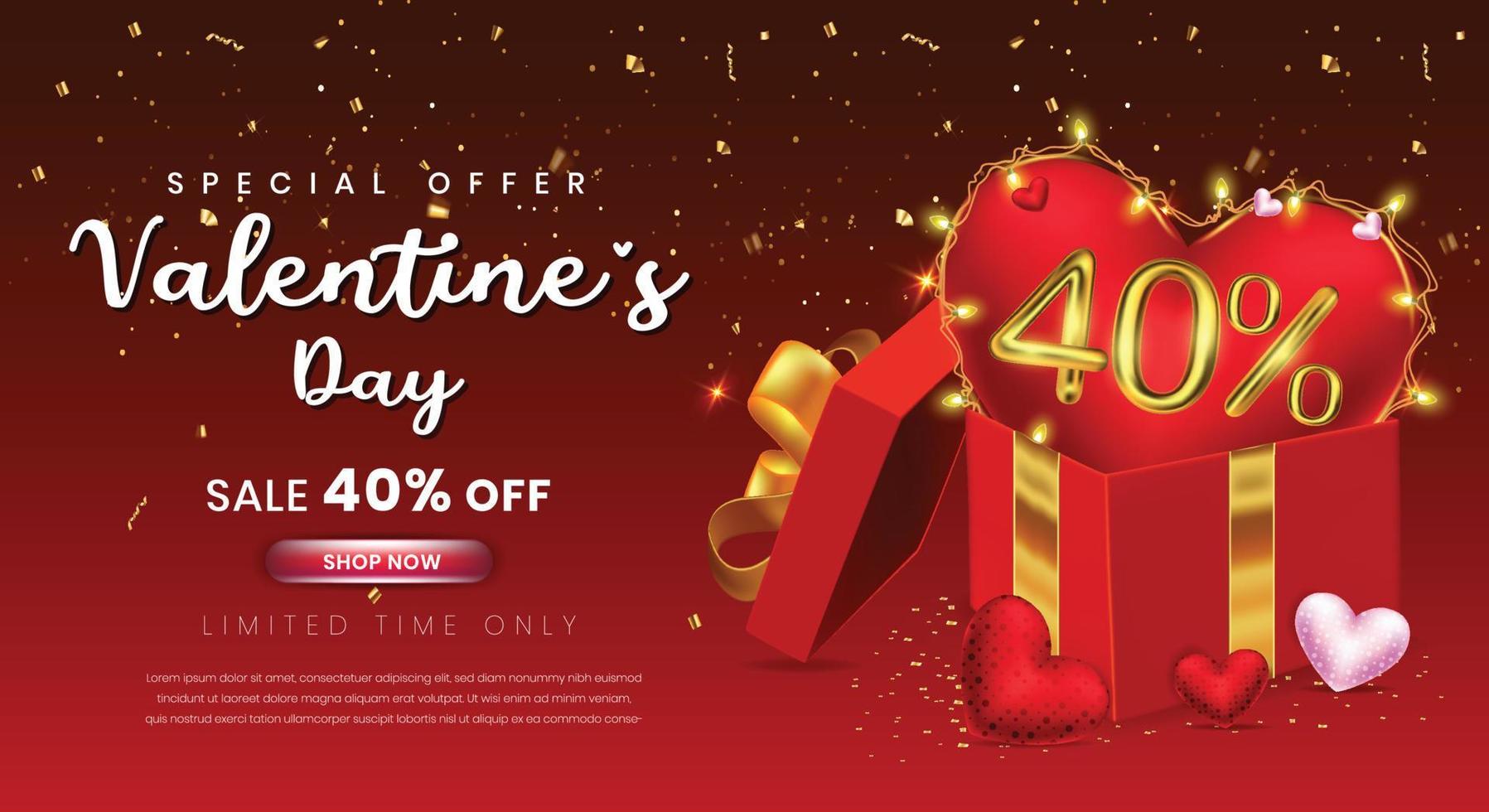 Valentines day 40 percent off selling template with gift box and 3d number vector