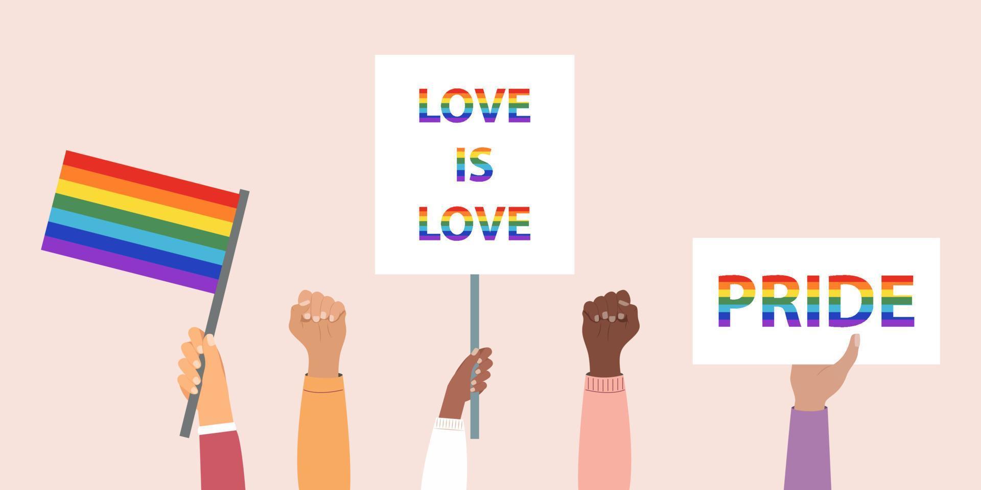 17 de mayo - el día internacional contra la homofobia, la transfobia y la bifobia. afiche horizontal con mano de color de piel diferente con banderas lgbtq. ilustración vectorial en estilo plano. eps 10. vector