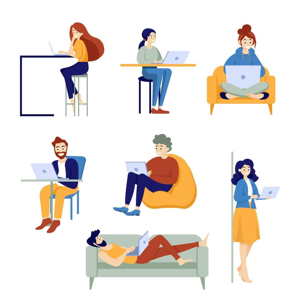 Set of young People use Laptops. Characters with Different Devices. Boys and Girls Talking and Typing on laptop. Female and Male Characters Set. Flat Cartoon Vector Illustration