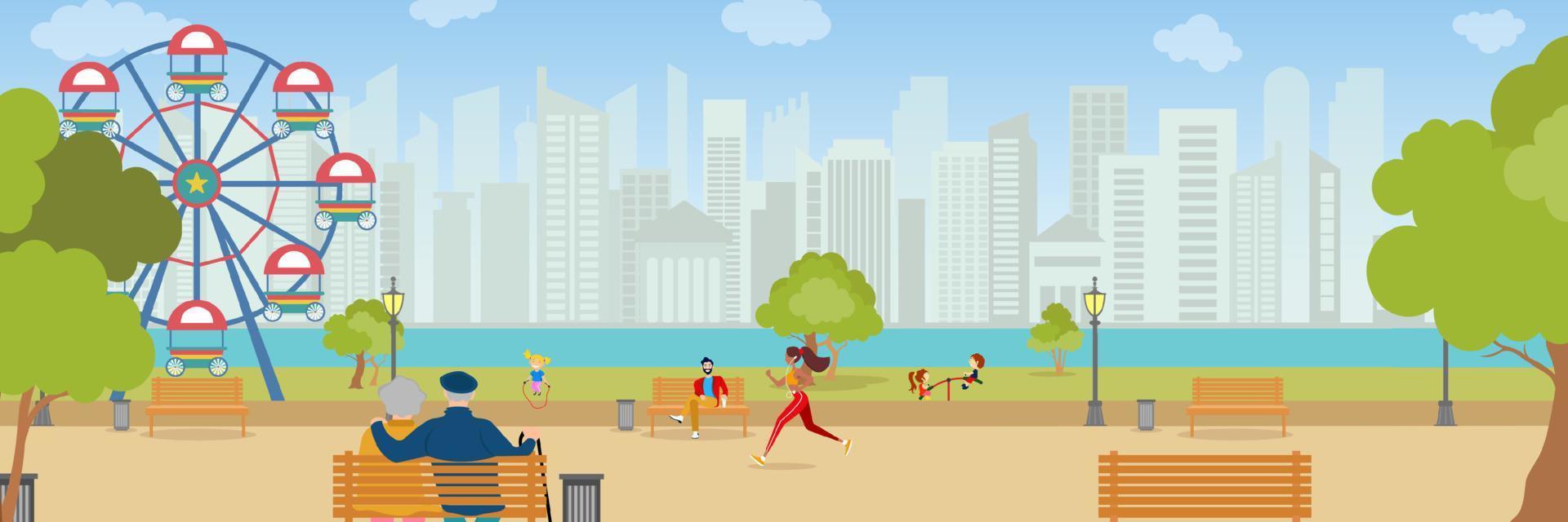 parque de la ciudad con hermoso paisaje. niños jugando, mujer corriendo y vieja familia sentada. niños disfrutando jugando juntos. actividad de verano. ilustración plana vectorial aislada. vector