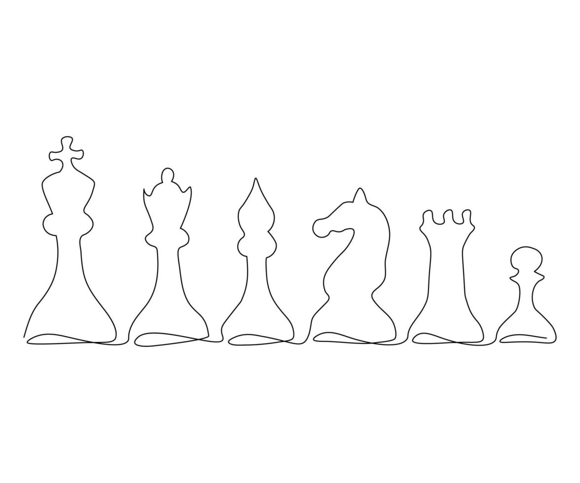 set of chess pieces,hand drawn, continuous mono line, one line art vector