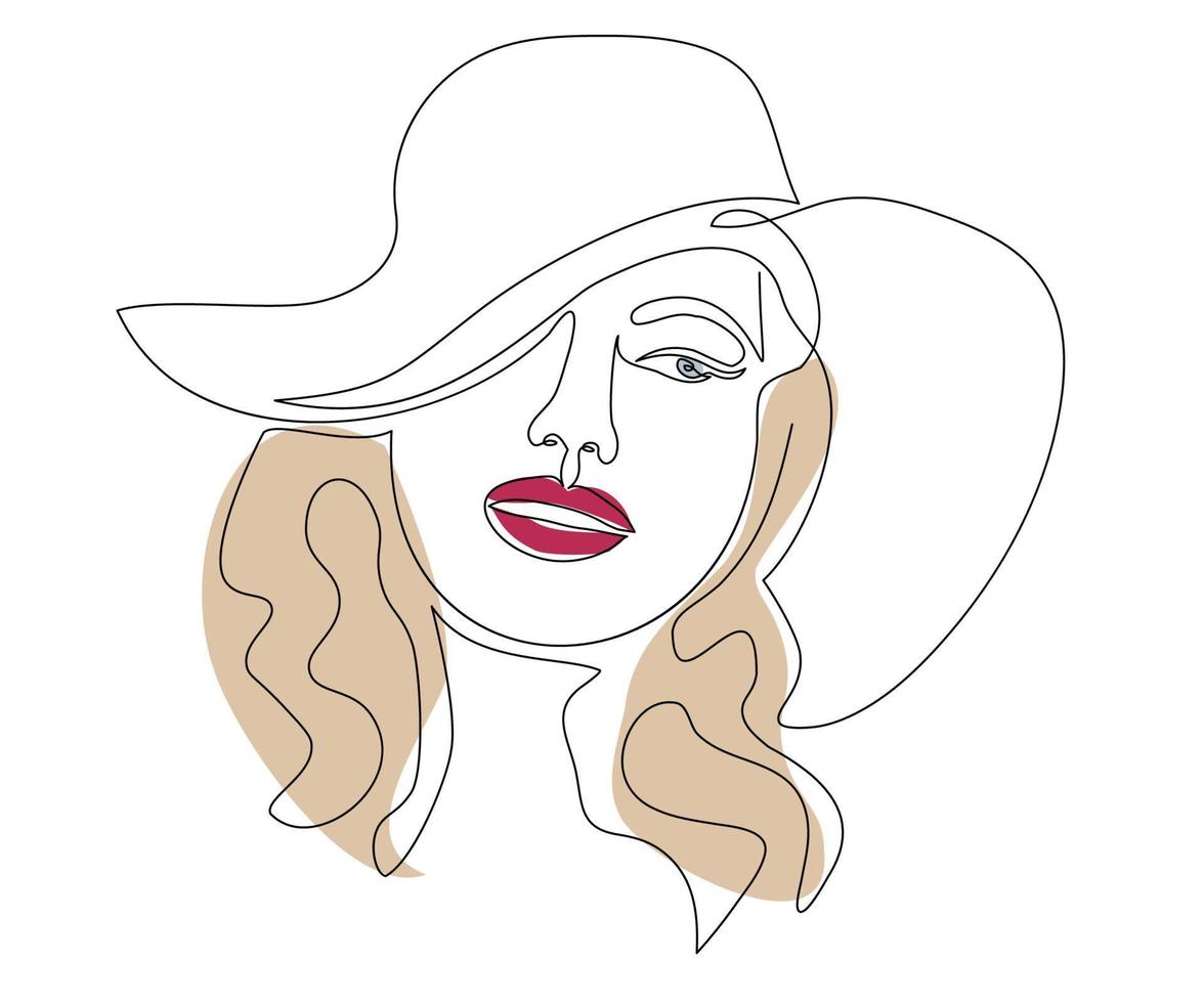 retrato de una mujer con sombrero dibujada por una línea mono continua, arte de una línea, contorno vector